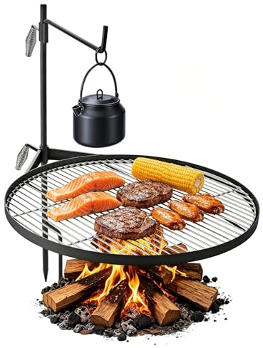 VEVOR Griglia da Braciere per Barbecue, Griglia da Campeggio Girevole Rotonda 62 cm in Acciaio Altezza Regolabile, Rete sopra Braciere con Asta di Supporto per Cottura all'Aperto, Fiamma Libera