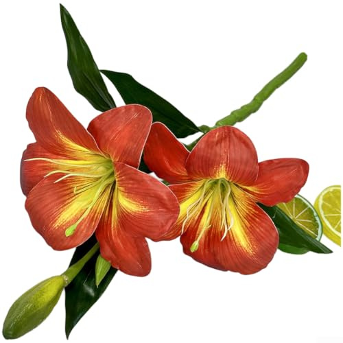 3D-tryckt silke hemerocallis lilja konstgjorda blommor för flexibla stjälkar för bröllop heminredning och festliga arrangemang, realistisk blomdekoration (orange-röd)