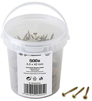 Meister Universalschrauben 4,0 x 40 mm - 500 Stück im Set - Senkkopf - PZ Pozidriv-Antrieb - Teilgewinde - Gelb verzinkt / Schrauben-Set / Schrauben-Eimer / 904050