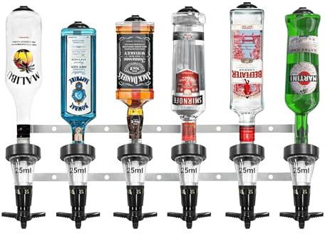 Chabrias Ltd Black 6 Bottle Wall Bar Rail + 25ml Spirit Optic Measures - UK Made, Fully Assembled Metal Bracket & Pub Trade Compliant, Traditional Black, Fits 70cl–1.5L Bottles