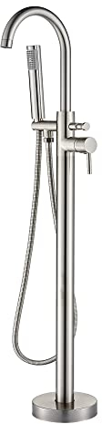 Votamuta Bodenmontage Badewanne Wasserhahn Freistehender Wannenfüller Gebürstetes Nickel Stehende Duscharmaturen mit Handbrause Schwenkauslauf Mischbatterie