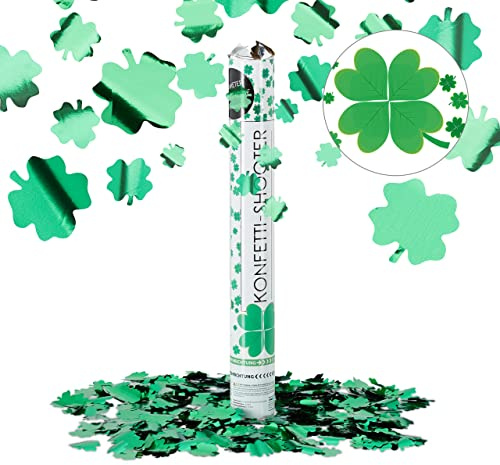 5 x Party Popper mit 4-blättrigem Kleeblatt, 40 cm Konfetti Kanone, Silvester Glücksregen, Fasching, Metallic grün