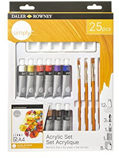 Daler Rowney Simply - Set Acrylique 12 tubes de peinture 12ml + accessoires - 25 pièces