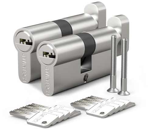 Bwintech 2 pz 40T/40mm Euro Cilindro in Ottone, 80mm Pomello/Chiave a Barile con 10 Chiavi Orizzontali in Ottone,Antipicking, Anti-perforazione, Anti-Snap, Anti-urto,Finitura in Nichel Satinato