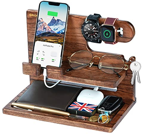 Vatertagsgeschenke für Papa Männer, Schreibtisch Organizer Holz Geburtstagsgeschenk, Beste Jahrestag Geschenk für Mann Ihn, Freund, Partner Ehemann Papa, Phone Dockingstation, Handy Halterung, Brown