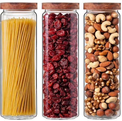 Danmu Art 1700ml 3pcs Glass Spaghetti Pasta Storage Container with Wooden Lids - Glass Jars Canisters - Food Storage Jars for Cereal Nuts 1700ml