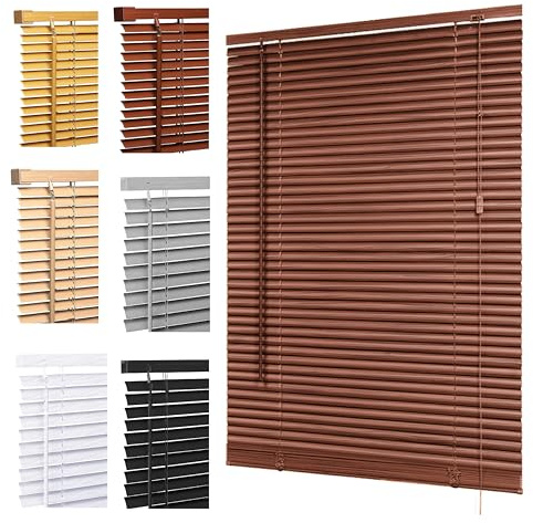Ruby Deals Custom Made to Measure PVC Venetian Blinds Window 25mm Thin Slats Easy Fit Window Treatment Shutters Child Safe Home Office (Walnut Wood Grain Effect W105 x 150H cm)