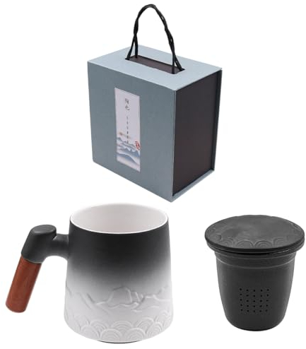 NUZAMAS Tasse à thé avec infuseur et couvercle 450 ml Tasse à café avec poignée en bois faite à la main japonaise faite à la main au four en céramique émaillée Motif unique pour cadeaux Noir et blanc
