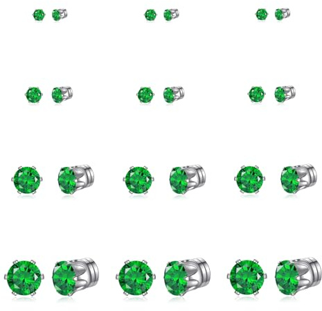 Spiritlele 12 Pairs Green Small Big Cubic Zirconia Magnetic Earrings Clip on Non Piercing Earrings Set Unisex 4MM-7MM