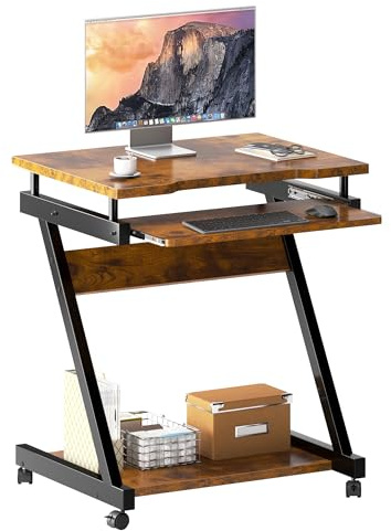 SogesHome Mobiler Computertisch mit Rollen und Tastaturauszug – Kleiner PC-Tisch mit Ablage für Tower, Schreibtisch für Home Office oder Büro, Vintagebraun