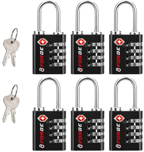Forge Dual-Opening: Key or Combination Access Lock, Use Key to Recover Code If Forgotten, TSA Approved Locks for Luggage, Pelican case, Travel, Gym, School, Stainless Steel Shackle.(Black 6 Pk)