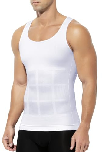Casey Kevin Men's Slimming Vest Body Shaper Compression Tank Top Shapewear Abdomen Belly Tummy Control Vest Top Shirts Undershirts, White, L