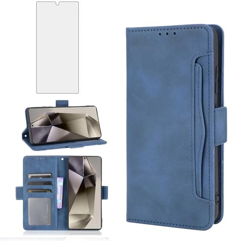 Asuwish Compatible with Samsung Galaxy S24 Ultra 5G Wallet Case and Tempered Glass Screen Protector Card Holder Stand Leather Flip Cell Phone Cover for S24Ultra 24S S 24 24Ultra Women Men Blue