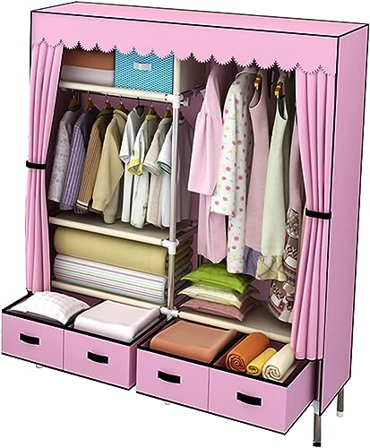 Rosa Mädchen-Kleiderschrank, multifunktional, mit Schublade, Aufbewahrungsschrank, Metallhalterung, Stoff-Kleiderschrank, einfarbig, Oxford-Stoff (Größe: 168 x 125 x 45 cm)