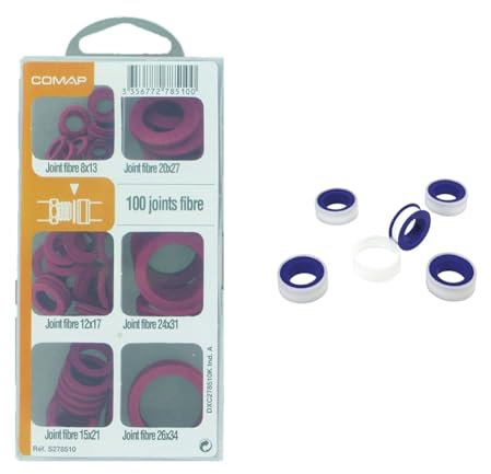 Comap Coffret de 100 Joints fibre pour eau chaude/froide & Mannesmann Lot de 5 rouleaux de ruban d'étanchéité en téflon, M42605