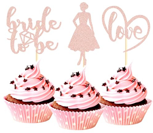Sotpot 24pack Bride to Be Cupcake Toppers Rose Gold Glitter Heart Dress Cupcake Picks for Bridal Shower Wedding Bachelorette Engagement Party Cake Decor