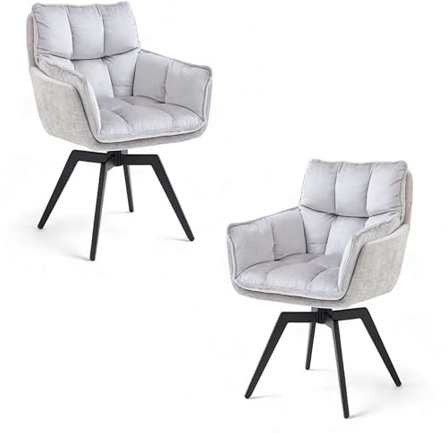 ALANI Esszimmerstühle 2er Set, Samt & Mikrofaser, Silber 64 x 89 x 65,5 cm | Armlehnstuhl mit schwarzem Metallgestell, ergonomische Polsterung, Sitzhöhe 52 cm, für Esszimmer, Wohnzimmer, Küche