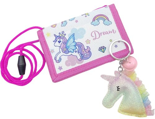 Bikasun Portefeuille pour Enfant avec Cordon de Serrage, Porte-clés, Licorne Portefeuille Pliable pour Enfants, Rose, Porte-Monnaie à bandoulière, Petit Portefeuille, Cadeau de Noël d'anniversaire