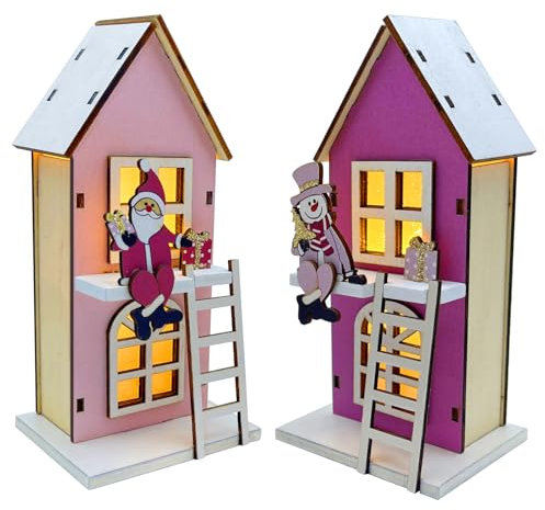 Bseical 2 Piezas Pueblo NavideñO Madera, Pueblo Navidad con Led Luz, Casitas De Navidad Decoracion, Casitas Led Navidad, Casita De Madera Miniatura, Adornos Navidad Casa, Pilas Incluidas