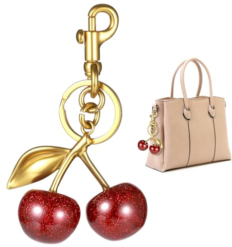 Huiguli Kirsch Bag Charm, Modischer Kirschtaschen Keychain, Auffälliger Kirsch-Schlüsselanhänger Taschenanhänger Accessoire für Taschen, Rucksäcke und Autos, Geschenke für Damen Gold