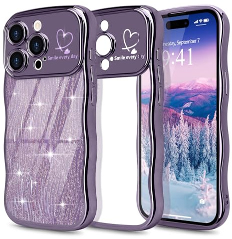 Wirvyuer for iPhone 15 Pro Case Glitter Card Wave Frame, Dark Purple | Plated Heart Clear Cover with Removable Sparkly Card for Women Girls, Raised Camera Anti-scratch Protective Bumper Phone Case