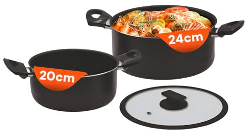 Avilia Juego de 2 cacerolas de aluminio con tapa de cristal 20/24 cm negro – Asas ergonómicas seguras y cómodas – Tapa de cristal con borde de silicona firmes y resistentes – Fondo antideslizante