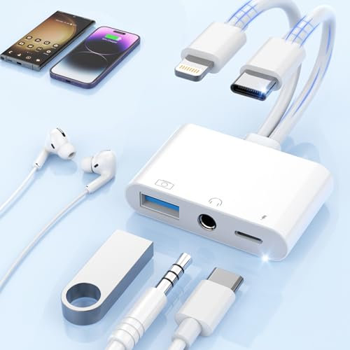 3 en 1 Adaptateur USB C + Lightning Jack 3,5 mm avec Charge Rapide Adaptateur de OTG, Adaptateur Casque PD 60W Charge Rapide Hi-Res Type C Lightning Audio Ecouteur Splitter pour iPhone Samsung iPad