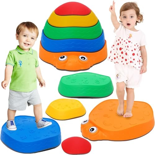 Balanciersteine für Kinder 5er Set, Rutschfeste und Stapelbare, Gartenspielzeug Montessori Spielzeug Bewegungsspiel, Fördert Gleichgewicht, Balance & Koordination, Indoor Outdoor Spielzeug ab 3 Jahre