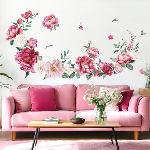 Fufuquare DIY Rosa Pfingstrose Blumen Wandtattoo Botanische Wasserdichte Wandaufkleber für Kinderzimmer Schlafzimmer Wohnzimmer Badezimmer