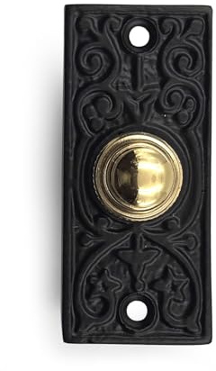 A29 Black Powder Coated Cast Iron Doorbell Button – 2 6/7 x 1 1/4 – Traditional Antique Style Push Button Doorbell with Recess Mount – Wired for Two-Wire Chime, Outdoor Use, Easy DIY Installation
