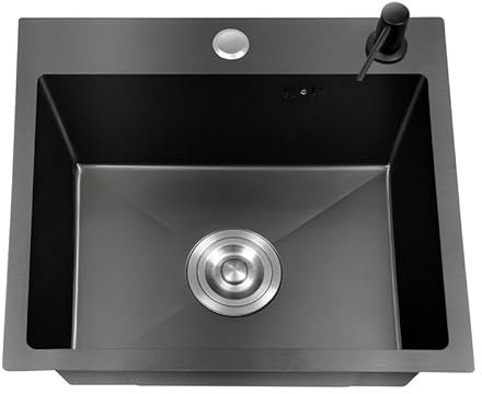 Fregadero Cocina 1 Seno 45 x 40 cm Acero Inoxidable Negro con Escurridor, Desagüe y Dispensador de Jabón, Fregadero Sobre Encimera o Enrasado