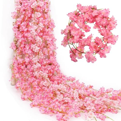 6 Stück Künstliche Kirschblüten Girlande, 1.8M Kunstblumen Hängend Blumenwand Emulation Kirschblüten Deko,Künstliche Blumengirlande Deko für Outdoor Indoor Hochzeit Party Haus Garten Bogen Wände Rosa