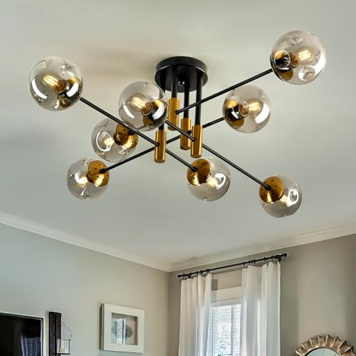 TUOKJSA 8 Light Sputnik Chandelier with Glass Globe Mid Century Modent Black Gold Ceiling Light Fixture Large Flush Mount Chandelier for Dining Room Bedroom Living Room Kitchen.