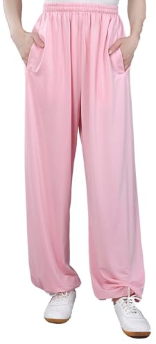 Pantalon Tai chi Soie Glacée Homme,Pantalons Kung Fu Style Femme avec Poches, PantalonArt Martiaux Taekwondo Tai chi et Wing Chun Yoga Entraînement (Size:m,Color:Rose)