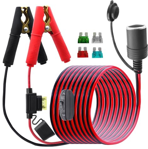 LANMINGLEL Batterie Alligator Clip zu Zigarettenanzünder Kabel mit Schalter und 20A Sicherung, 14AWG 12V-24V Zigarettenanzünder auf Batterie Krokodilklemmen Kabel, für Auto,Wohnmobil(3M/Mit Schalter)