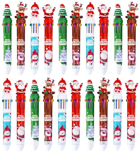 LATERN 20Pcs Christmas Ballpoint Pens, 10-In-1 Multicolor Retractable Shuttle Pen 16CM Christmas Tree Snowman Santa Claus Rollerball Pens for Xmas Stocking Box Fillers Party Favors (4 Styles)