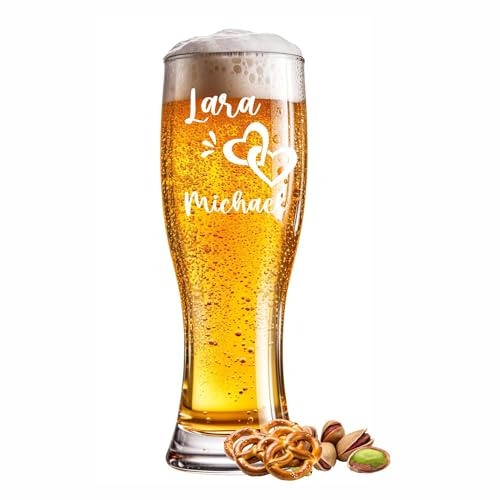 Weizenglas graviert verbundene Herzen 0,5l mit Wunschtext Name Jahr oder Spruch - Individuelles Bierglas für besondere Anlässe wie Geburtstag, Jubiläum, Vatertag oder Feier - Gravur frei wählbar