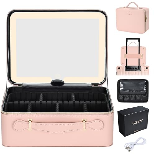 Leder-Kosmetiktasche mit LED-beleuchtetem Spiegel Reise-Kosmetikkoffer Einstellbare Helligkeit in 3 Farben Künstler-Aufbewahrungstasche mit Trennwänden Pinselhalter-Tasche Schminkkoffer Hellrosa, 29CM