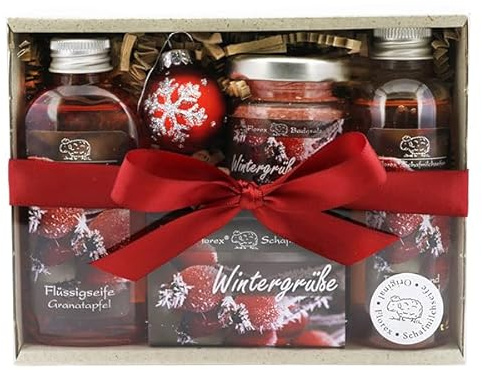 Geschenkset für Weihnachten Pflegeset Weihnachtszeit mit 100g Schafmilchseife, 75ml Flüssigseife, 40g Badesalz und 75ml Duschbad in der Geschenkbox -aus Schafmilch - Duft wählbar (Granatapfel)