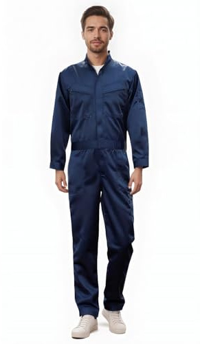Maizoon Tuta da lavoro unisex, in policotone, resistente, tinta unita, con colletto rialzato, tuta monopezzo con cerniera, per magazzino, blu scuro, L