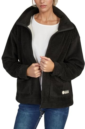 DENIMFY Fleecejacka dam normal passform DFKira teddyfleece vinterjacka övergångsjacka ståkrage svart beige brun S M L XL XXL, svart, S