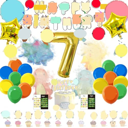 Décoration d'anniversaire sur le thème du dessin animé pour enfants de 7 ans, 47 PCS Contient bannière, Breloques suspendues, Décoration de gâteaux, Autocollants de tatouage, Ballons