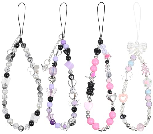 4 Stück Handyanhänger Charm Anhänger Phone Perlen Handykette Handy Cute Keychain für Handyhülle Beaded Strap Niedliche Kette Rosa Charms Handyband für Handytasche Schlüsselanhänger Kamera Handyschmuck