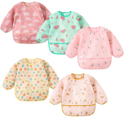 Yunguui 5 Pcs Baby Bibs with Sleeves,Waterproof Weaning Bib,Toddler Apron 3-30 Months