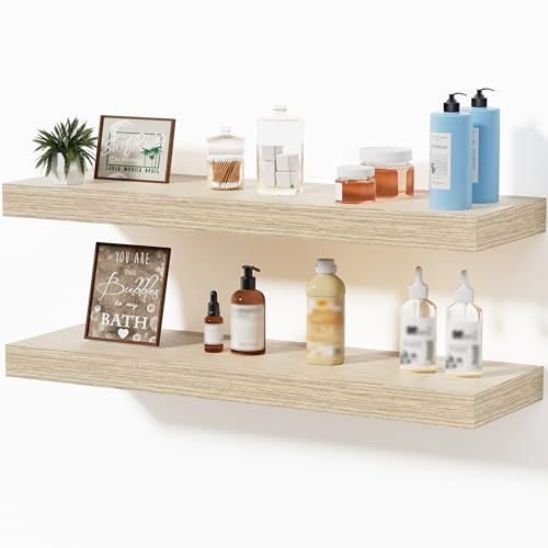 Mifurn Wandregal Eiche 60 cm, 2er Set Schweberegal mit unsichtbarer Halterung, modernes Wandboard für Bücher, Bilder & Deko, Hängeregal für Wohnzimmer Küche Bad Kinderzimmer
