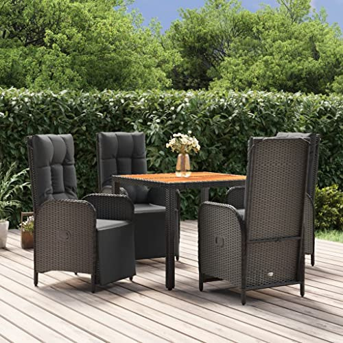 QJBSAVVA Garten-Essgruppe 5-TLG. 90x90 cm Akazienholz-Tisch & 4 verstellbare Poly-Rattan-Sessel Schwarz Modernes Lounge-Set für kleine Balkone Terrasse und Garten