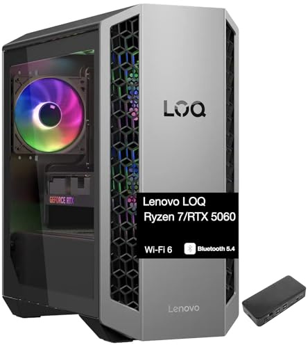 Lenovo LOQ Tower Gaming Desktop PC (AMD Ryzen 7 8745HX, GeForce RTX 5060 8GB GDDR7, 64GB DDR5, 512GB PCIe SSD + 2TB HDD, RGB Fans, 500W PSU, WiFi 6, Bluetooth 5.4, RJ-45, Win 11 Pro) w/USB-C Dock