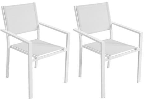 MONTY Set de 2 Sillas Thais de Aluminio Blanco y Textileno Gris, Elegantes, Apilables, Ligeras y Resistentes, Tratamiento anticorrosión para Exteriores, de 56x56x86 cm