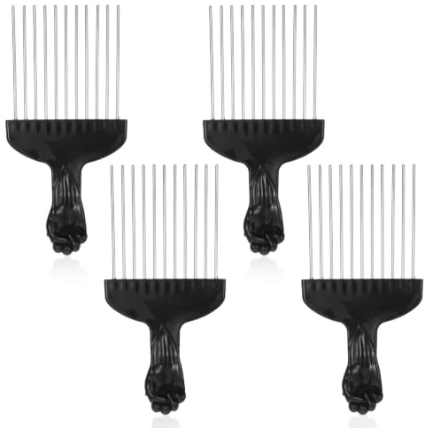 Gjinxi 4 PCS Afro Hair Comb Picks Black Metal Curly Hair Styling Pick Plastic Fist Design Steel Handle Comb Set Detangling Lift Hairdressing Wig Detangler Tools for Natural Braid Men Women Travel