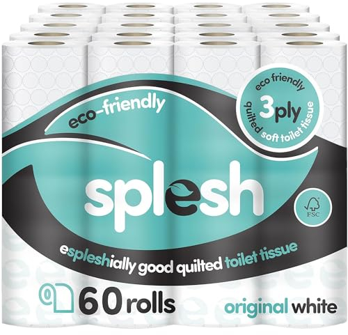 Splesh by Cusheen 3-ply Toilet Roll - Unscented (60 Pack) Soft, Quilted Bulk Toilet Rolls, Toilet Tissue and Loo Rolls – Eco-Friendly Toilet Paper Sustainably Crafted in The UK